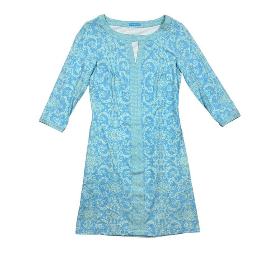 J. McLaughlin Women's Blue Abstract 3/4 Sleeve Stretch Shift Summer Dress Size S